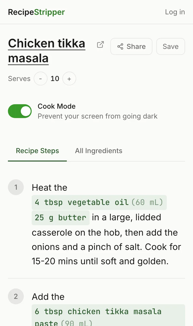 RecipeStripper mobile recipe view with Cook Mode enabled above recipe steps that include sage-green highlighted ingredient quantities.