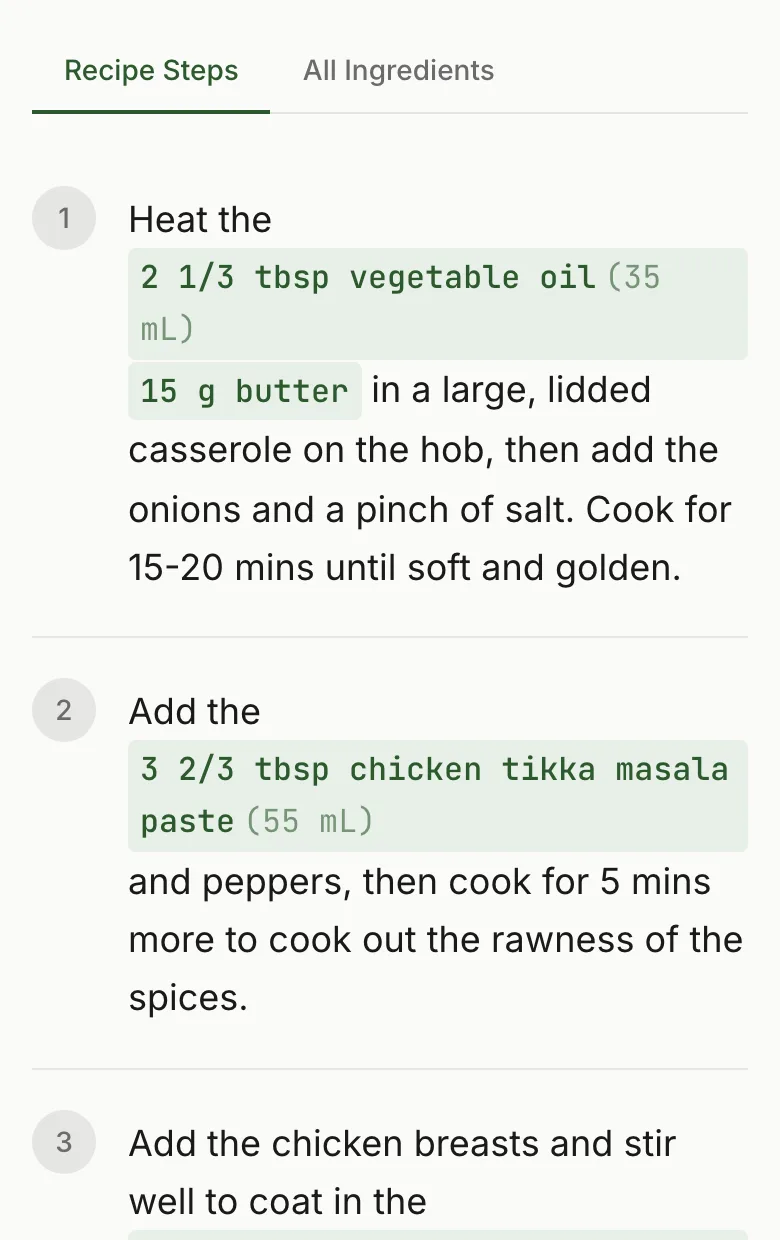 RecipeStripper mobile recipe converter output showing reduced servings and recalculated ingredient quantities highlighted inside the steps.