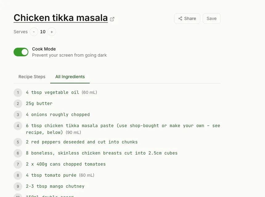 RecipeStripper desktop extraction result showing the All Ingredients tab for chicken tikka masala after parsing a public recipe URL.