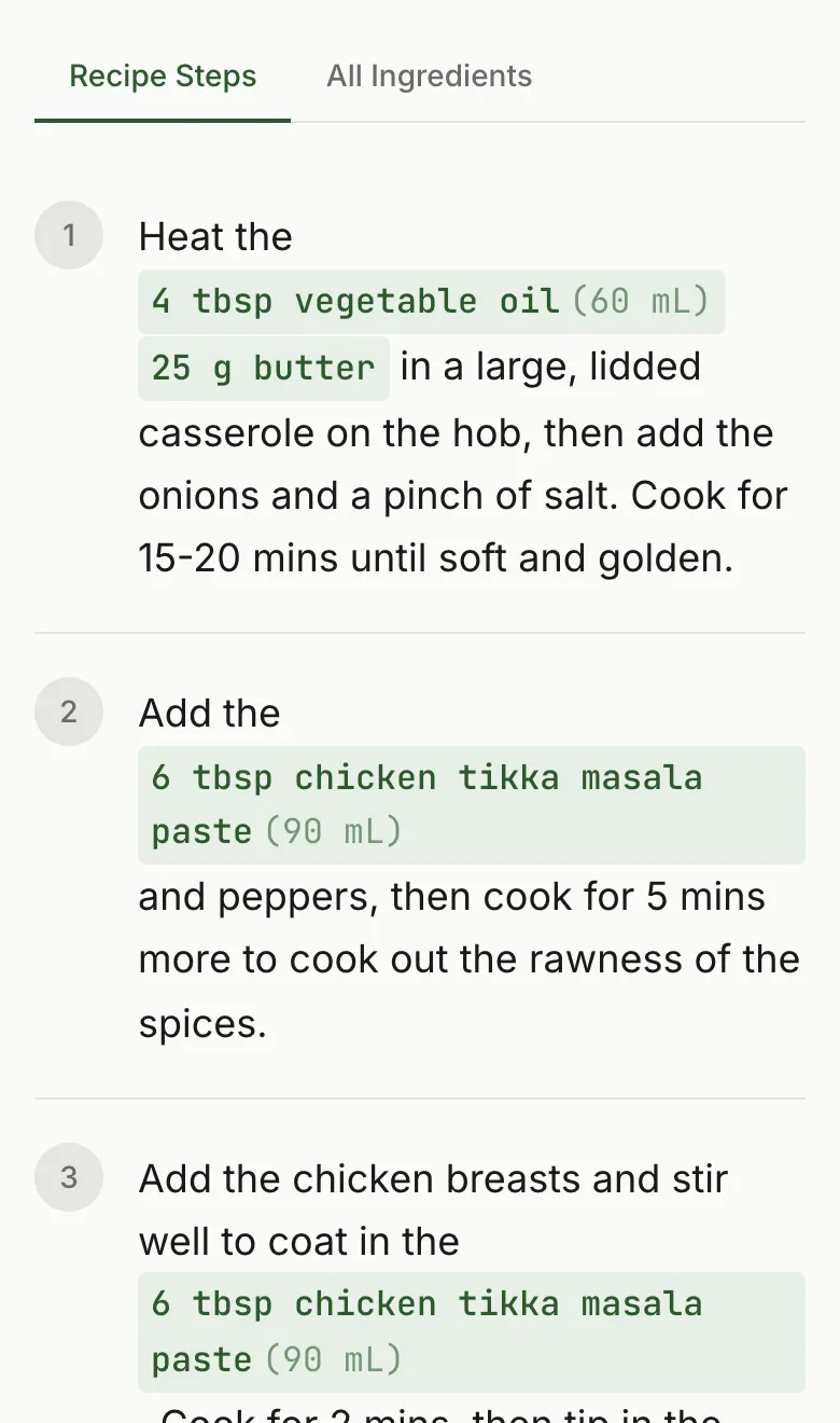 RecipeStripper mobile view of a stripped BBC Good Food chicken tikka masala recipe with no ads and sage-green highlighted ingredient quantities.