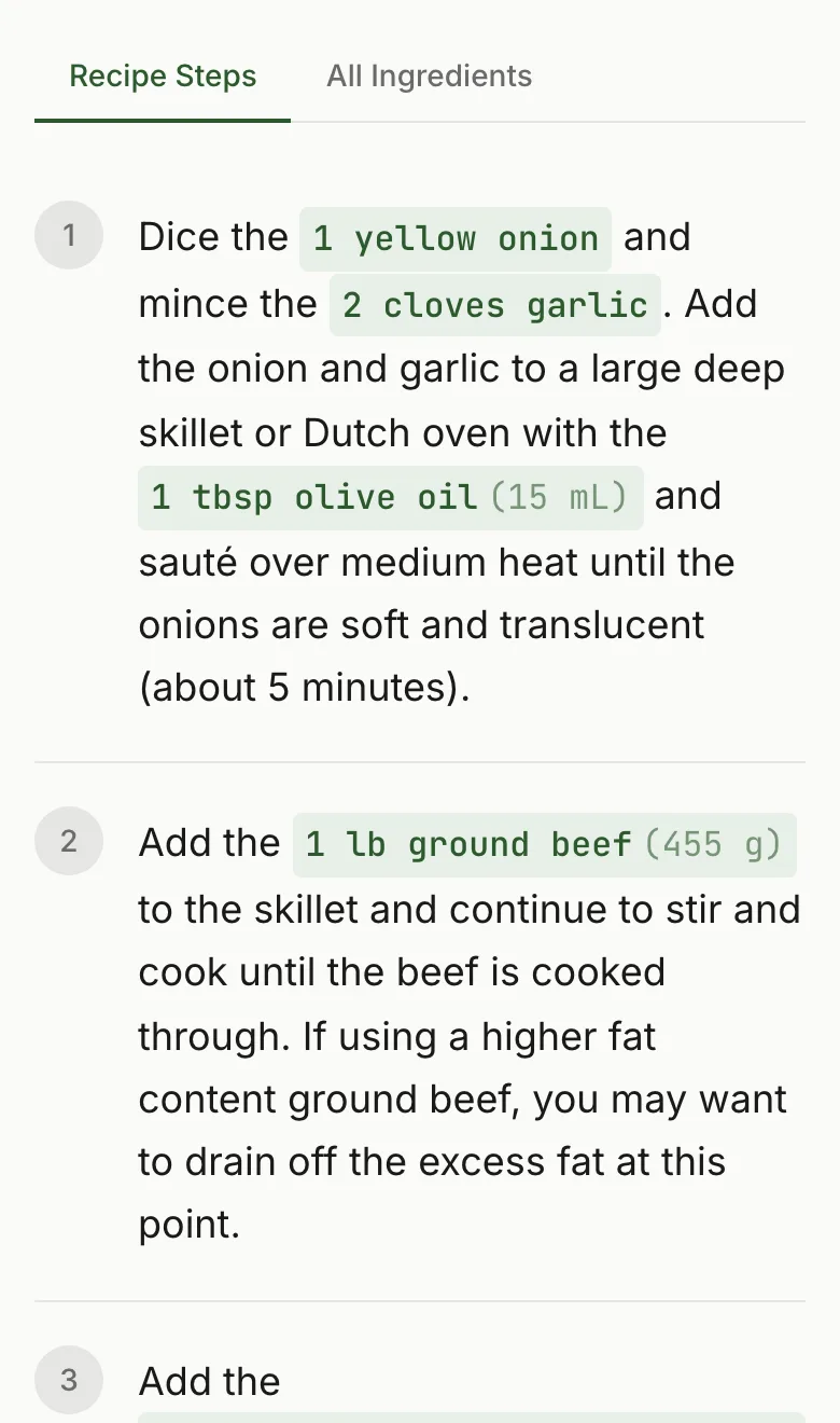 RecipeStripper mobile view of a Budget Bytes chili mac recipe with ingredient quantities highlighted inline in the instructions.